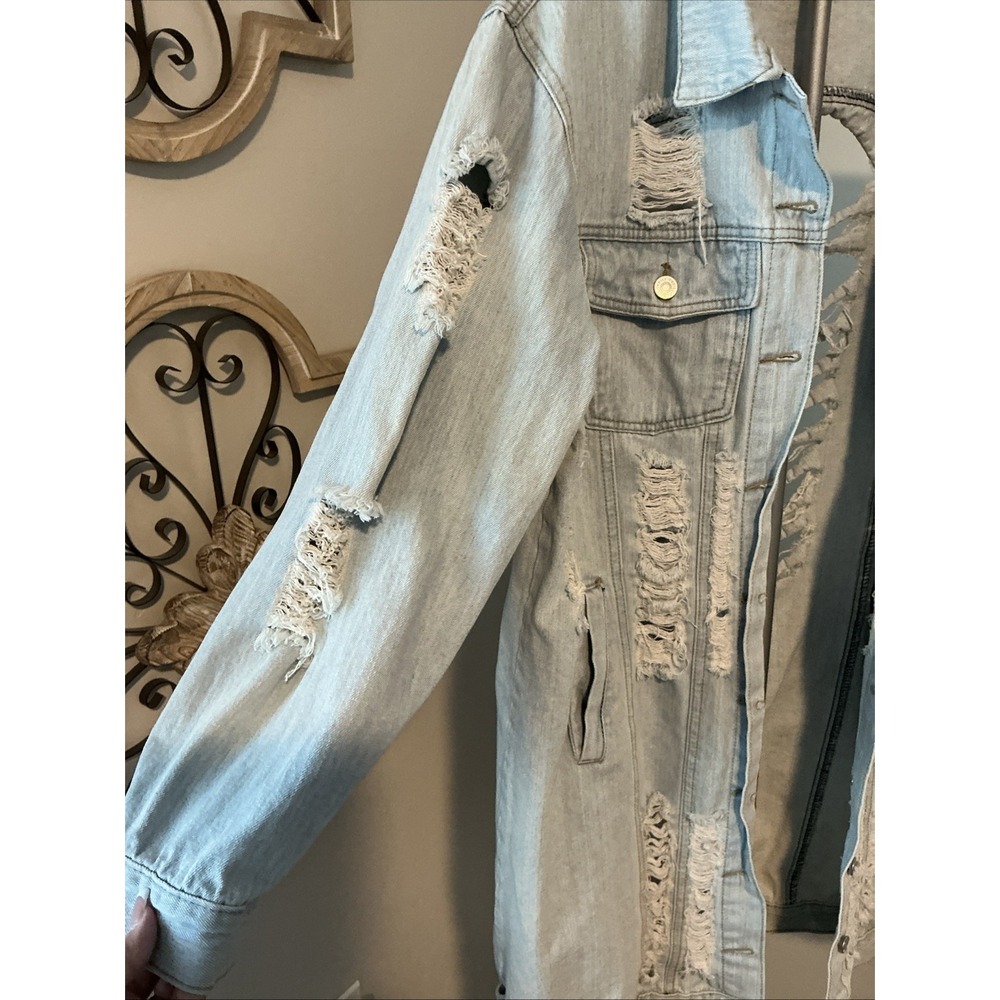 Thrill Jeans Long Denim Acid Washed Jacket Distressed Destroyed Frayed Button 2X - Picture 4 of 13